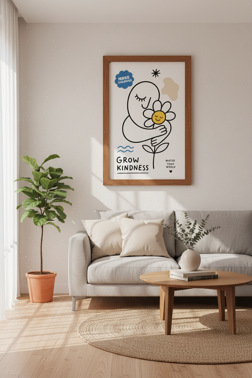 Grow Kindness Flower Wall Art | Minimalist Doodle Poster | Whimsical Room Decor