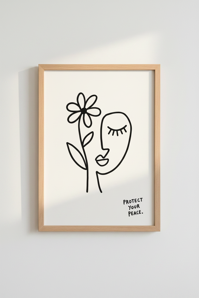Protect Your Peace Line Art | Minimalist Face Flower Poster, Zen Bedroom Decor