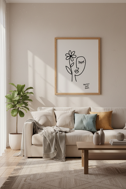 Protect Your Peace Line Art | Minimalist Face Flower Poster, Zen Bedroom Decor