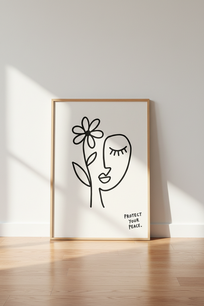 Protect Your Peace Line Art | Minimalist Face Flower Poster, Zen Bedroom Decor