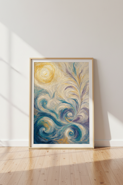 Abstract Sun &amp; Waves Art Print | Blue Gold Coastal Decor | Impressionist Poster