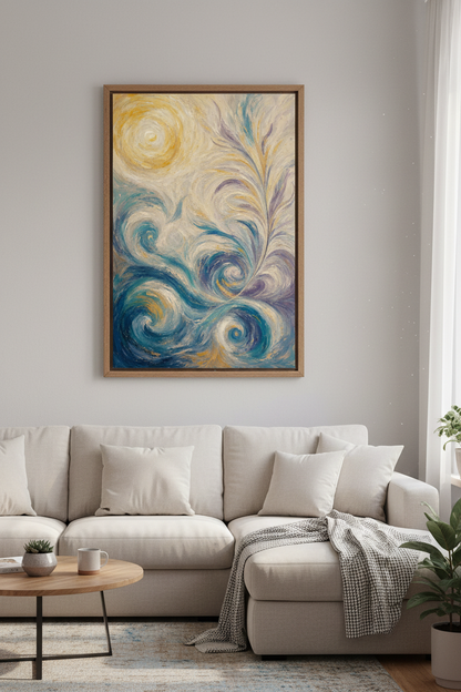 Abstract Sun &amp; Waves Art Print | Blue Gold Coastal Decor | Impressionist Poster