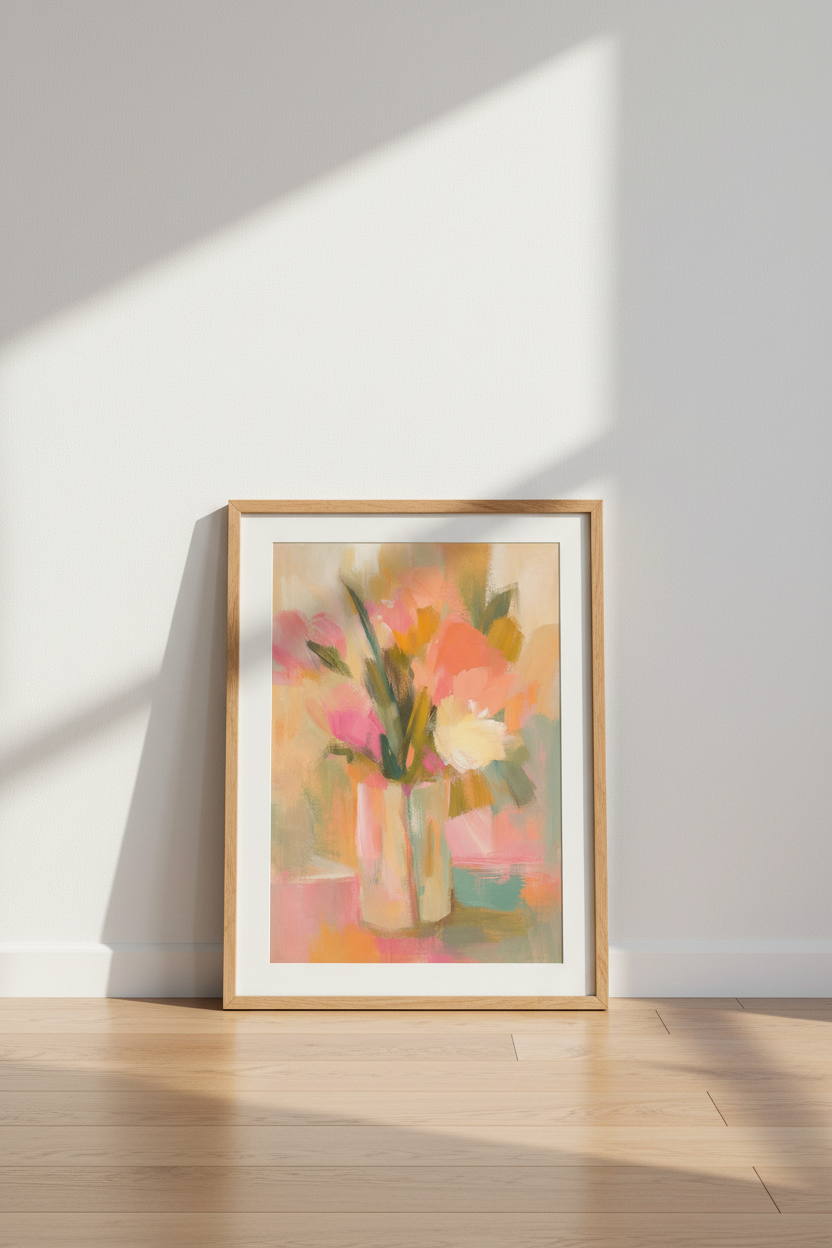 Pastel Floral Wall Art Print | Living Room Decor | Soft Pink Poster