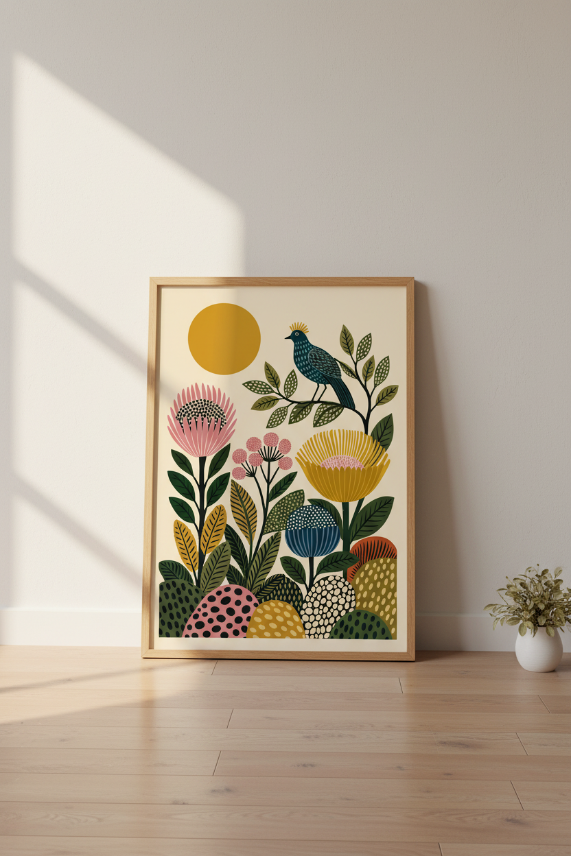 Mid Century Folk Bird Wall Art | Botanical Floral Decor | Boho Nature Poster