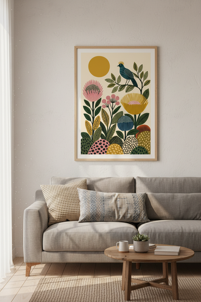 Mid Century Folk Bird Wall Art | Botanical Floral Decor | Boho Nature Poster