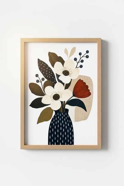 Abstract Floral Art | Navy Beige Palette Decor | Living Room Poster