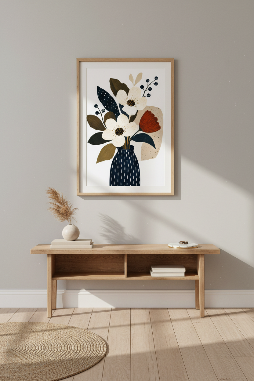 Abstract Floral Art | Navy Beige Palette Decor | Living Room Poster