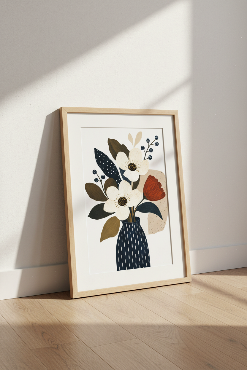 Abstract Floral Art | Navy Beige Palette Decor | Living Room Poster
