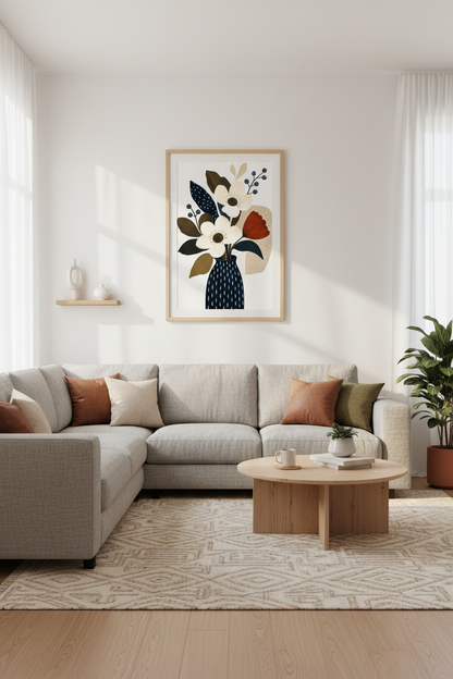 Abstract Floral Art | Navy Beige Palette Decor | Living Room Poster