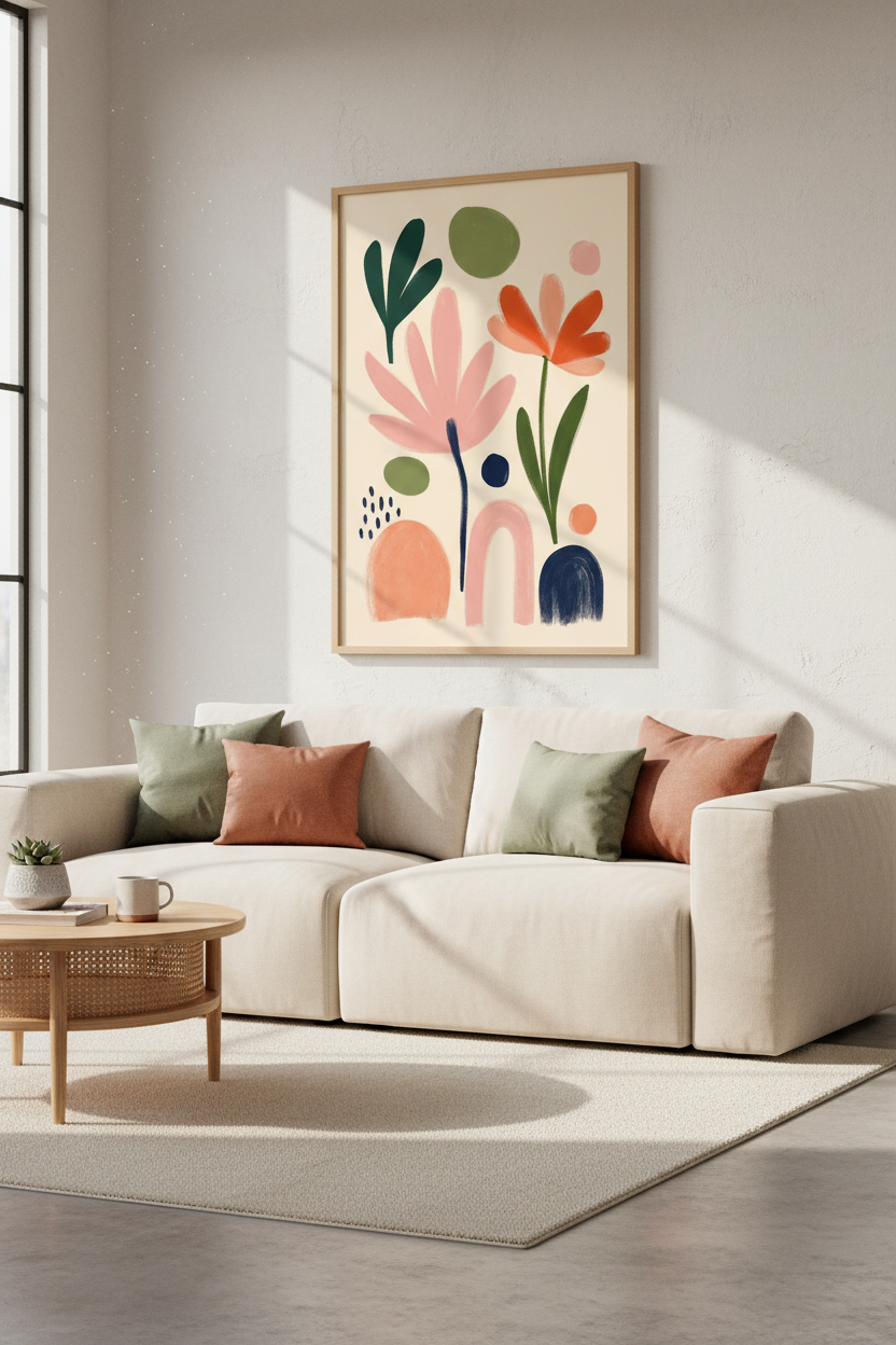 Abstract Botanical Floral Wall Art | Boho Pastel Flowers, Modern Living Room Decor
