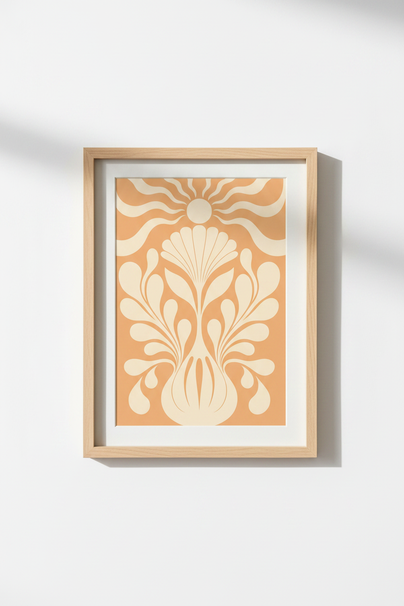 Boho Floral Wall Art | Peachy Retro Palette, Living Space Decor | Poster