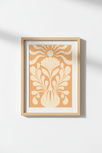 Boho Floral Wall Art | Peachy Retro Palette, Living Space Decor | Poster