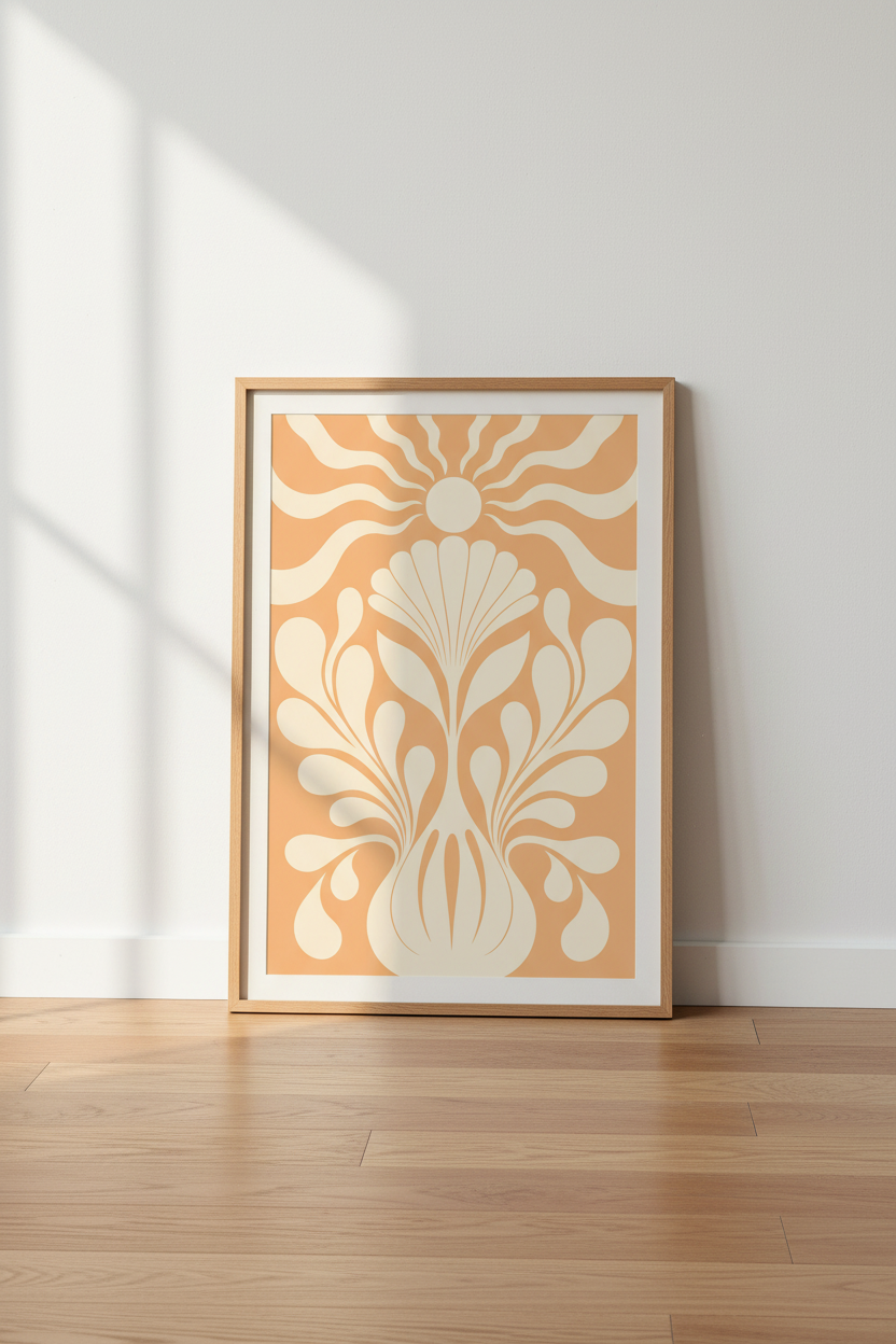 Boho Floral Wall Art | Peachy Retro Palette, Living Space Decor | Poster