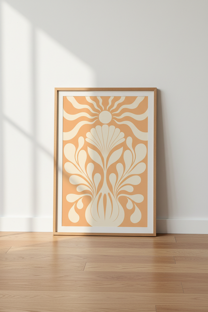 Boho Floral Wall Art | Peachy Retro Palette, Living Space Decor | Poster