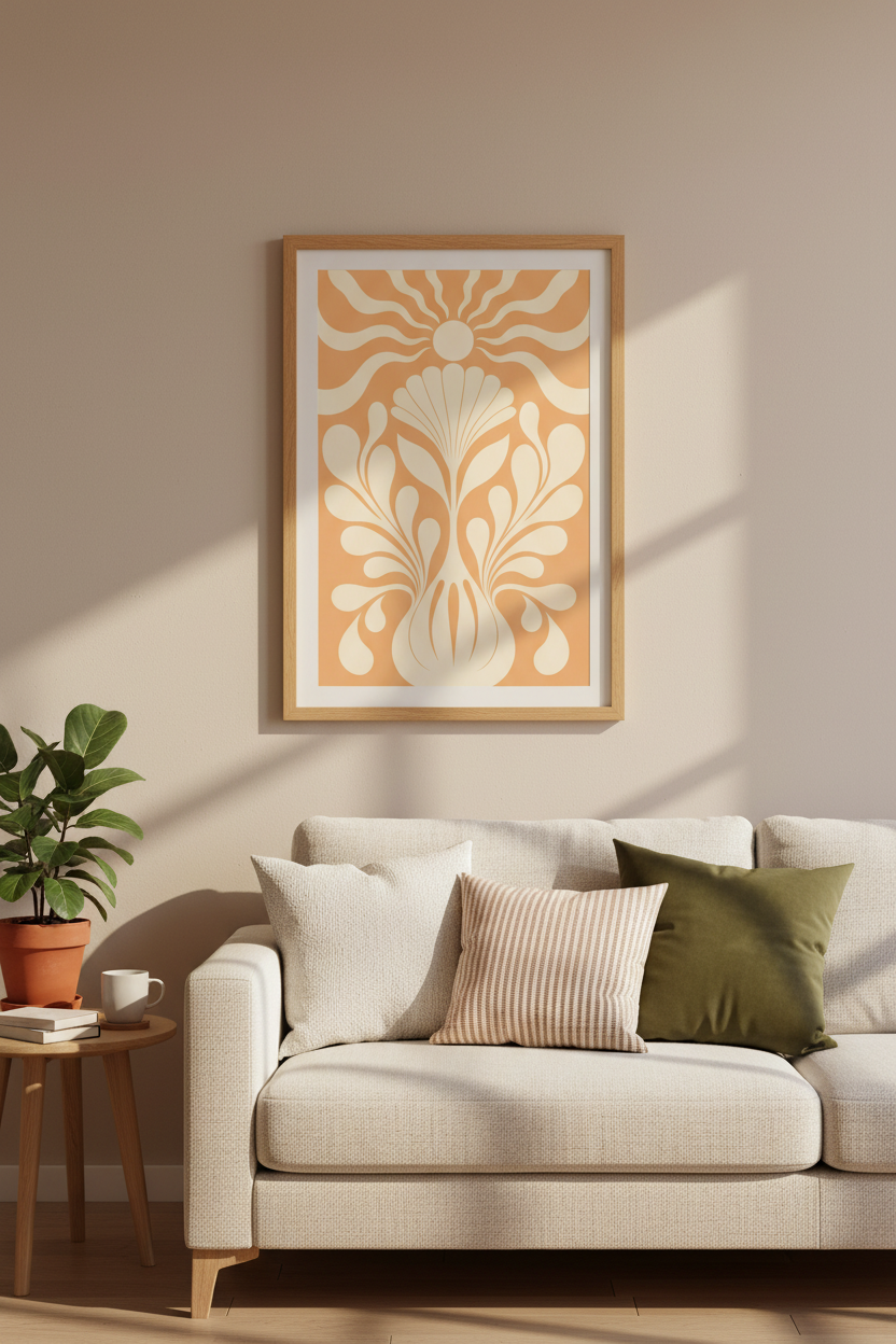 Boho Floral Wall Art | Peachy Retro Palette, Living Space Decor | Poster