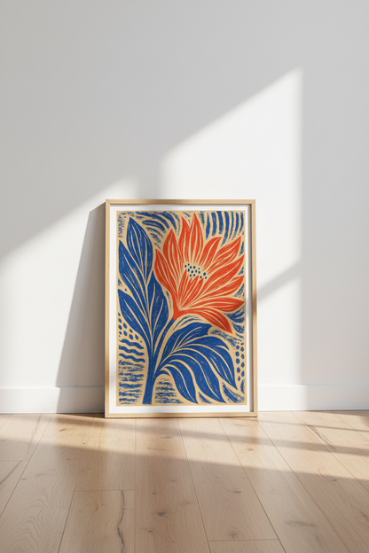 Folk Floral Wall Art | Orange &amp; Blue Botanical Print, Modern Boho Living Room Decor