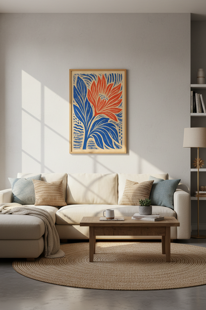 Folk Floral Wall Art | Orange &amp; Blue Botanical Print, Modern Boho Living Room Decor