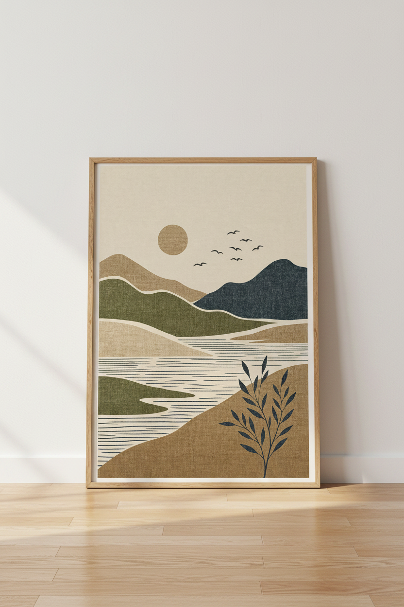 Abstract Boho Landscape Wall Art | Earthy Mountain &amp; Sun Poster, Living Room Decor