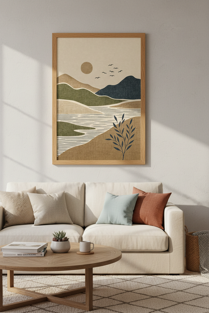 Abstract Boho Landscape Wall Art | Earthy Mountain &amp; Sun Poster, Living Room Decor