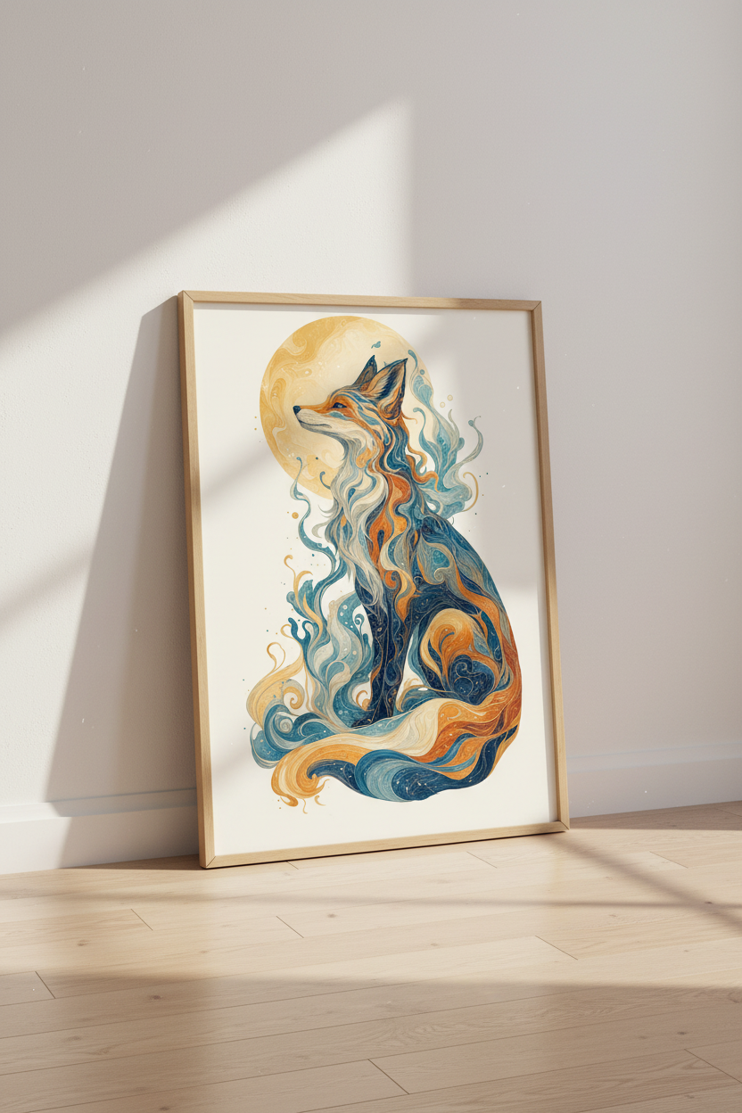 Mystic Fox Wall Art | Celestial Animal Poster, Blue &amp; Gold Boho Nursery Decor