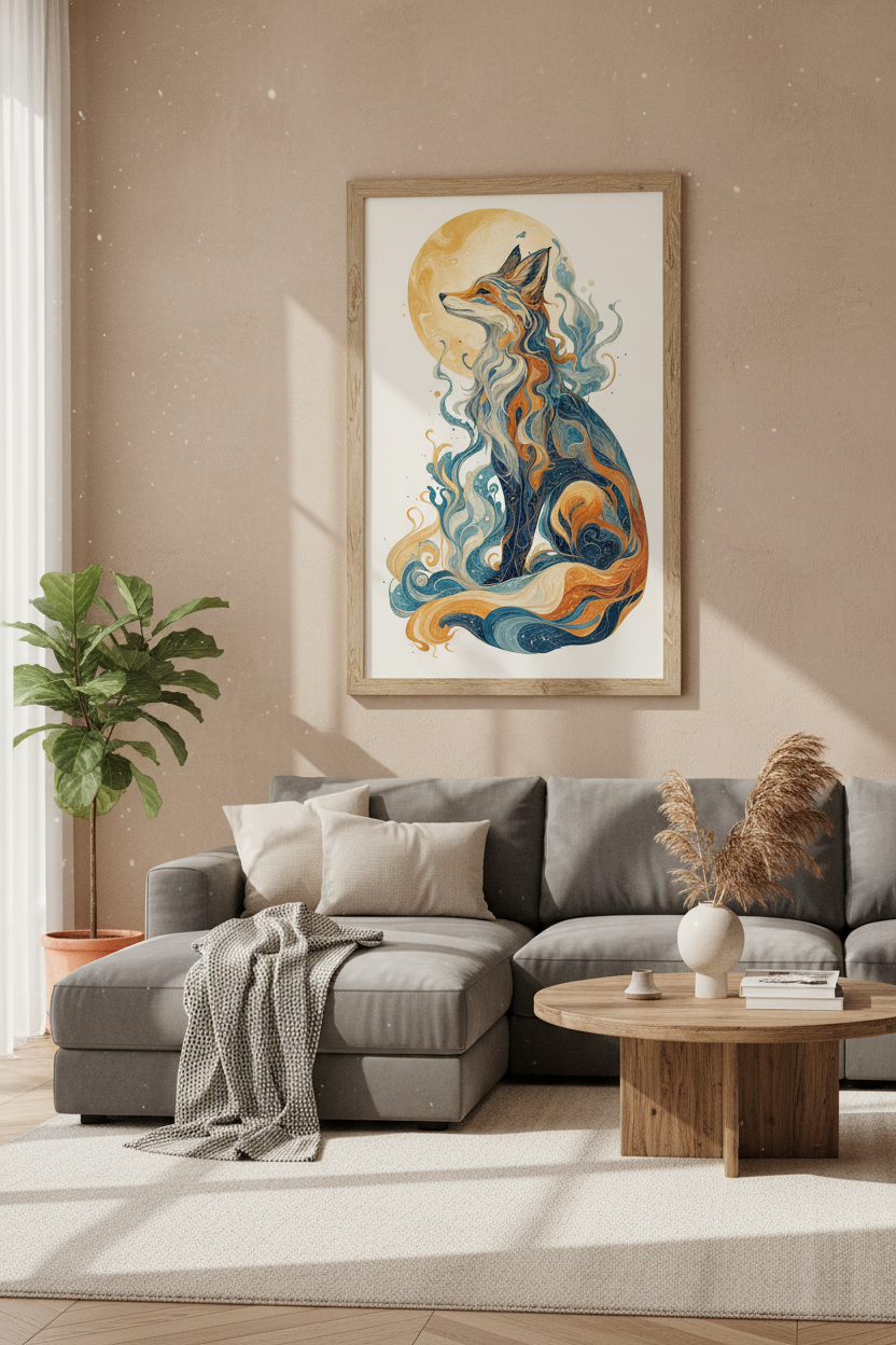 Mystic Fox Wall Art | Celestial Animal Poster, Blue &amp; Gold Boho Nursery Decor