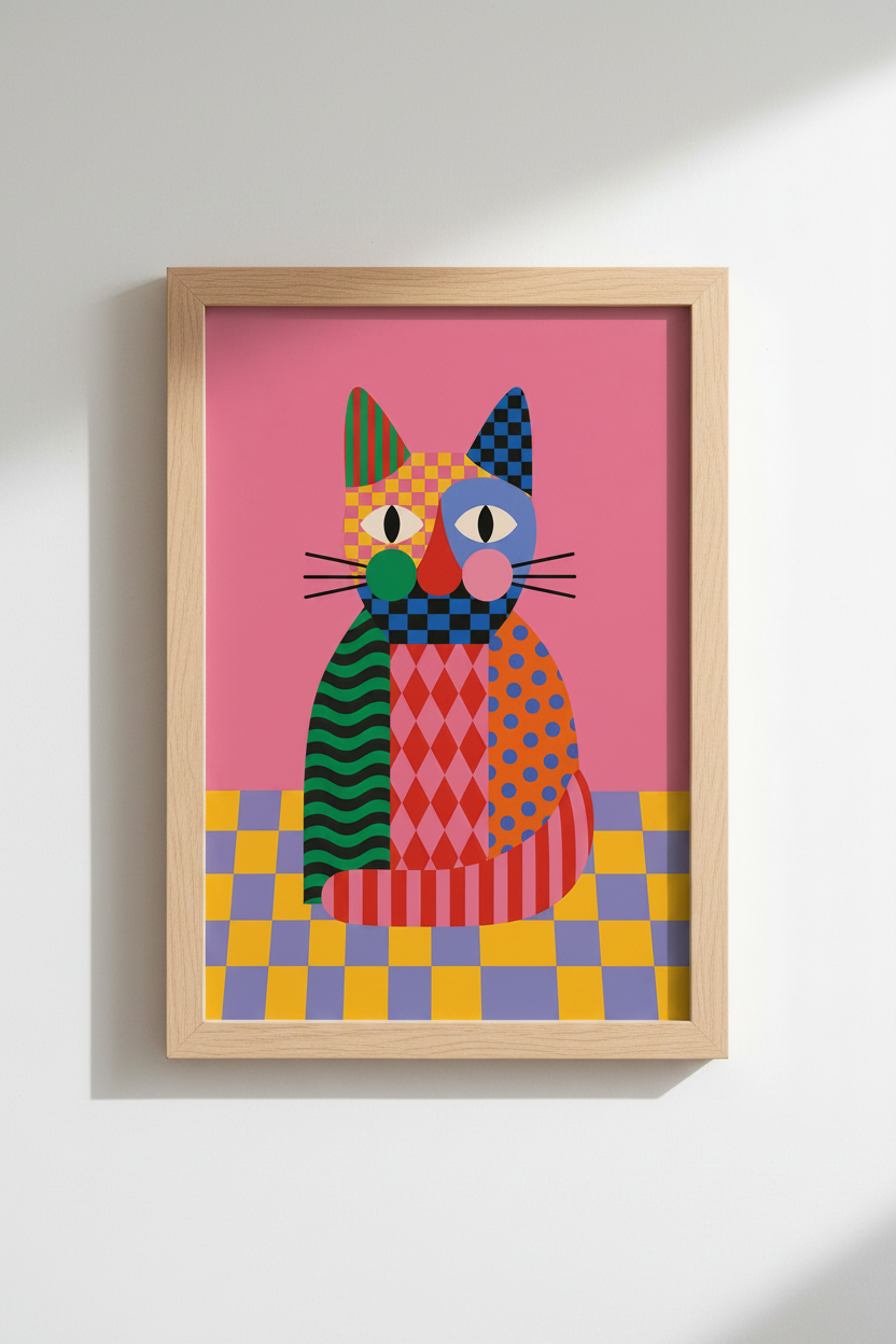 Maximalist Cat Wall Art | Colorful Abstract Pet Poster, Eclectic Living Room Decor