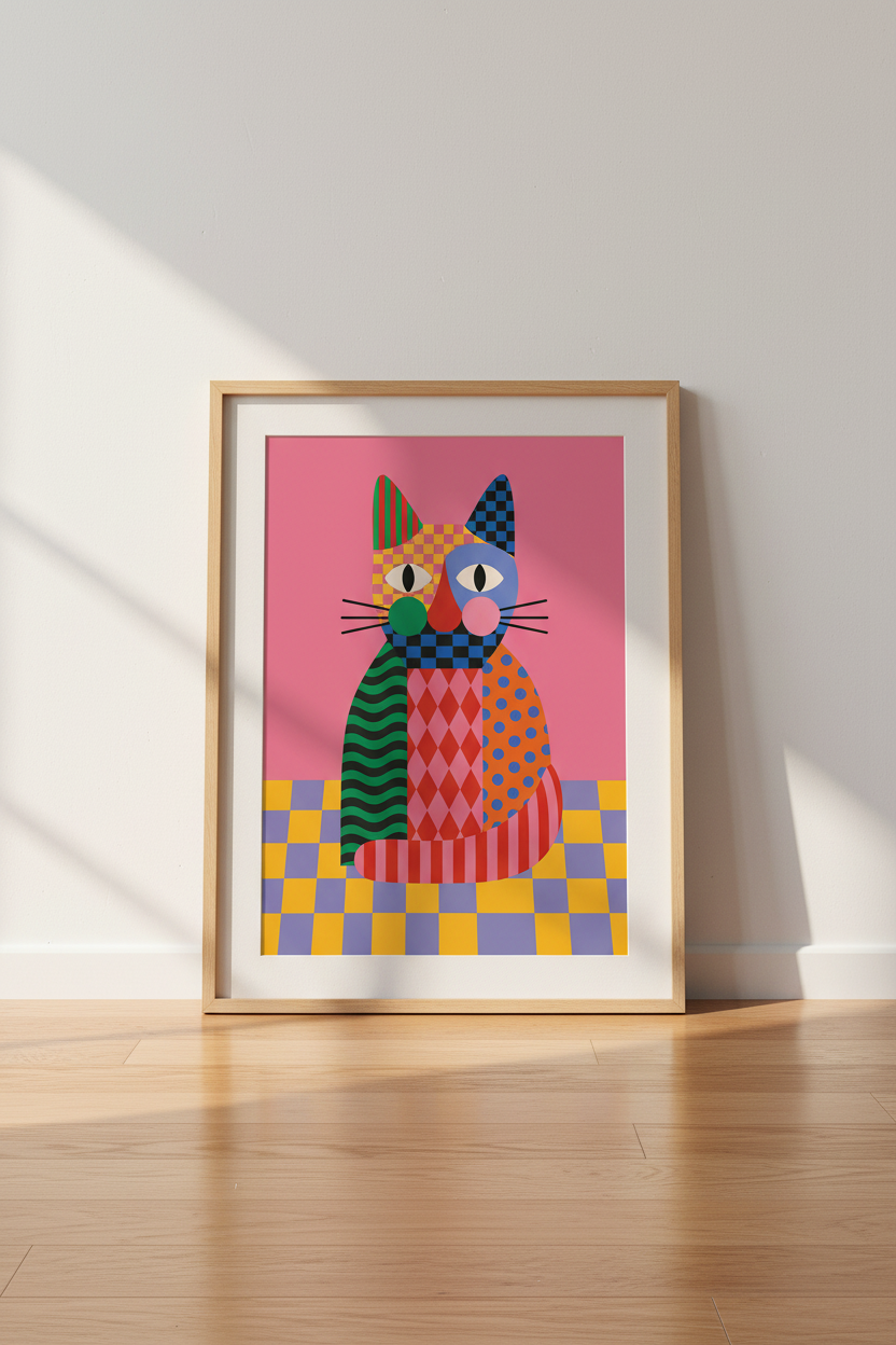 Maximalist Cat Wall Art | Colorful Abstract Pet Poster, Eclectic Living Room Decor
