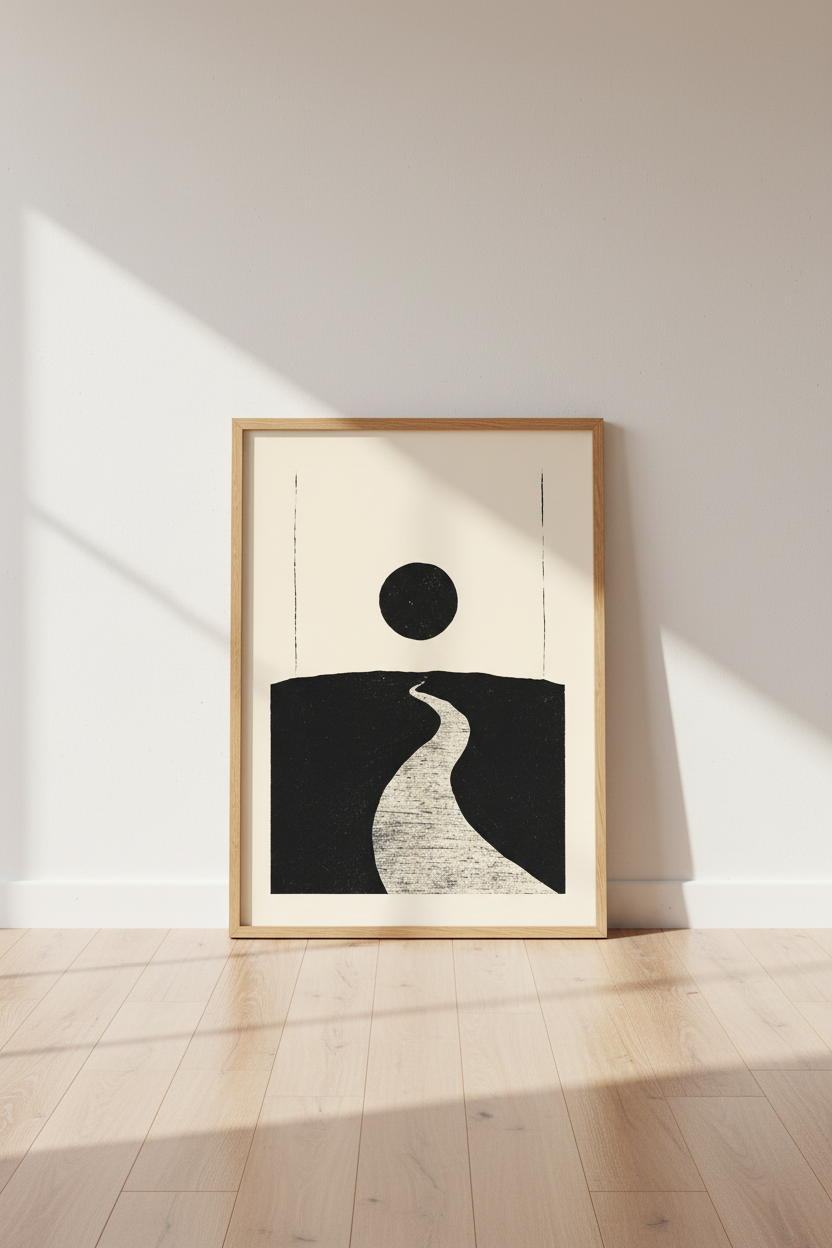 Minimalist Road Landscape Wall Art | Black Sun Boho Decor | Modern Abstract Poster