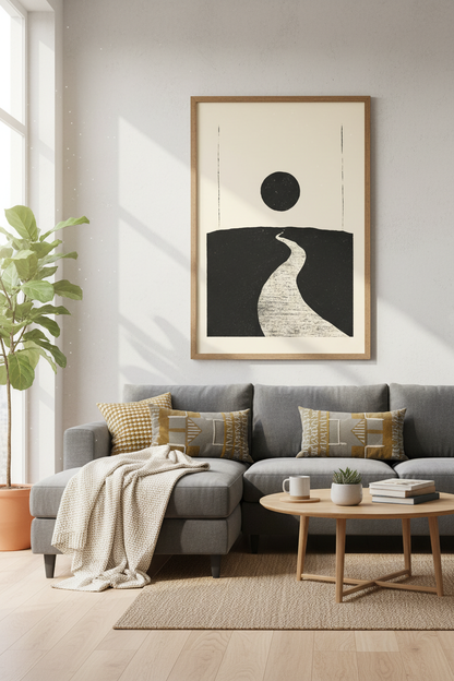 Minimalist Road Landscape Wall Art | Black Sun Boho Decor | Modern Abstract Poster