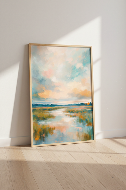 Abstract Coastal Marsh Landscape | Soft Peach &amp; Blue Pastel, Living Room Wall Art