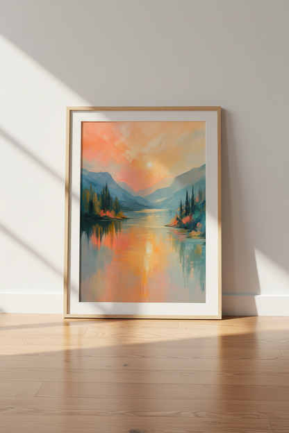 Mountain Lake Sunset Wall Art | Impressionist Nature Decor | Warm Pastel Poster