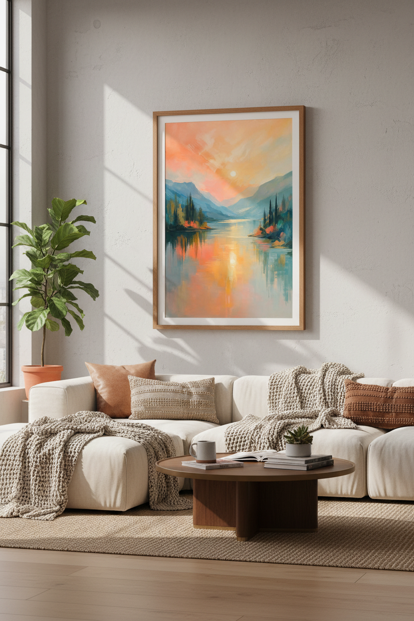 Mountain Lake Sunset Wall Art | Impressionist Nature Decor | Warm Pastel Poster