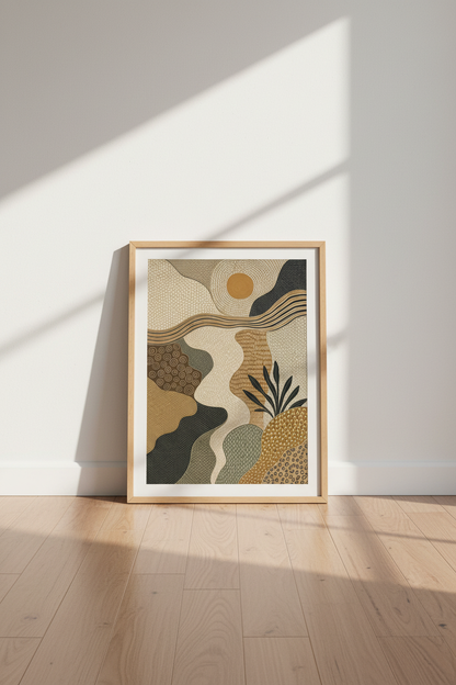 Abstract Boho Landscape Wall Art | Earthy Dot Pattern Poster, Neutral Living Room Decor