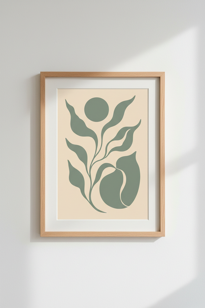Abstract Plant Art | Teal on Cream Minimalist Wall Decor | Living Room Poster