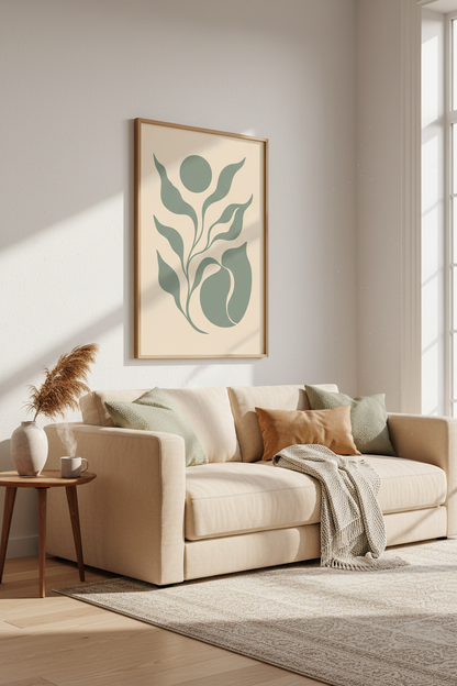 Abstract Plant Art | Teal on Cream Minimalist Wall Decor | Living Room Poster