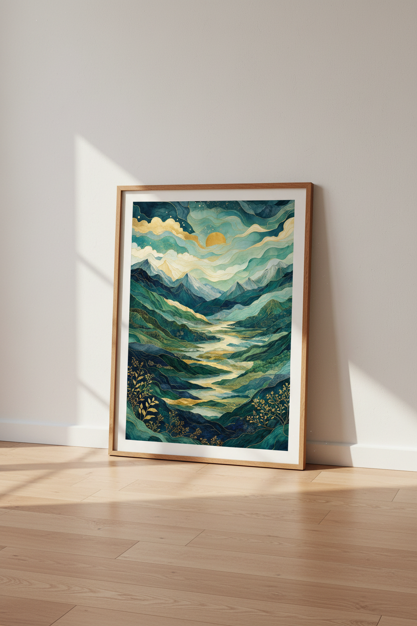 Abstract Mountain River Wall Art | Teal and Gold Landscape | Modern Living Room Decor