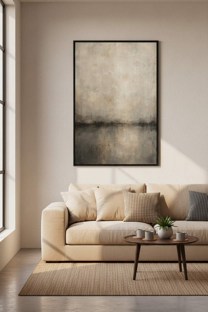 Abstract Neutral Horizon Wall Art | Beige &amp; Charcoal Textured Print, Modern Decor