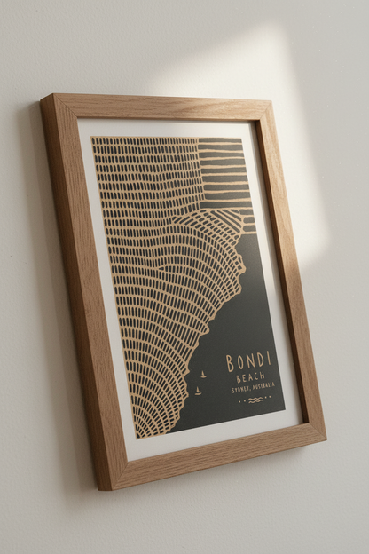 Bondi Beach Sydney Art | Abstract Black &amp; Gold Poster, Coastal Travel Decor