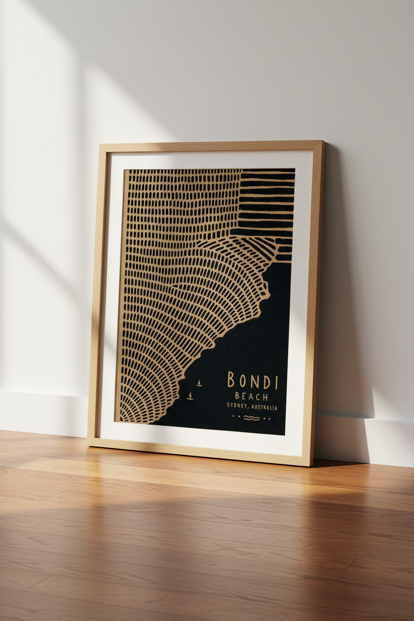 Bondi Beach Sydney Art | Abstract Black &amp; Gold Poster, Coastal Travel Decor