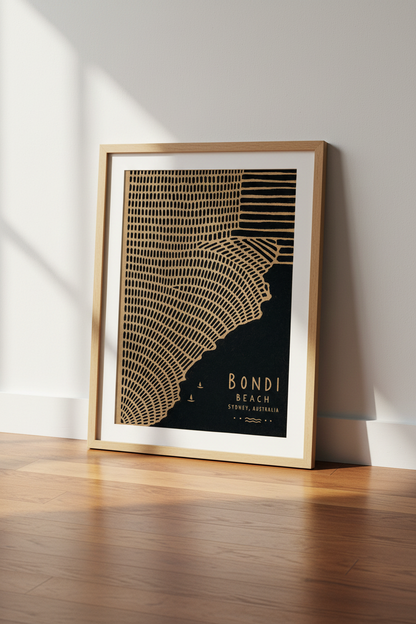 Bondi Beach Sydney Art | Abstract Black &amp; Gold Poster, Coastal Travel Decor