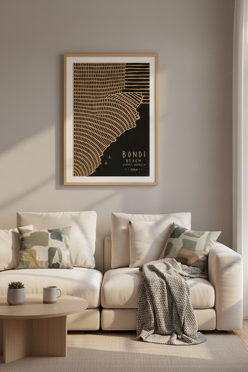 Bondi Beach Sydney Art | Abstract Black &amp; Gold Poster, Coastal Travel Decor