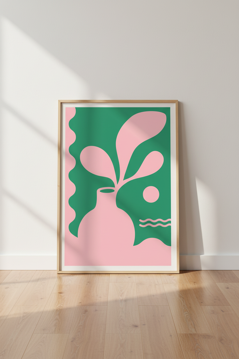 Abstract Vase Wall Art | Pink &amp; Green Botanical Print, Modern Living Room Decor