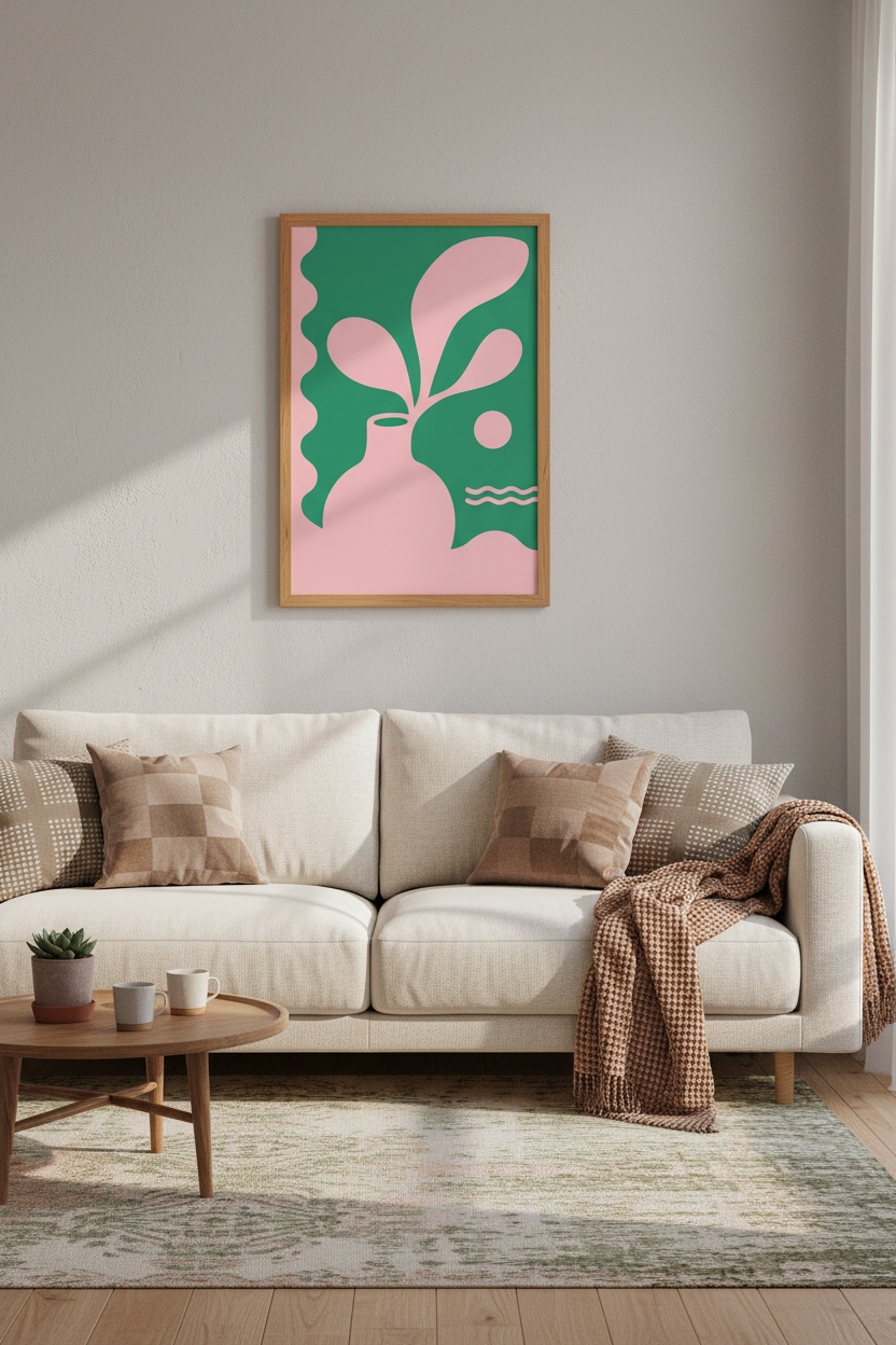 Abstract Vase Wall Art | Pink &amp; Green Botanical Print, Modern Living Room Decor
