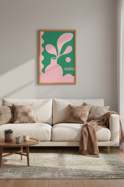 Abstract Vase Wall Art | Pink &amp; Green Botanical Print, Modern Living Room Decor