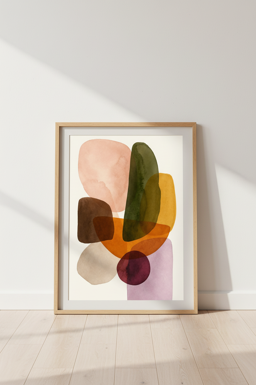 Abstract Geo Shapes Wall Art | Earth Tone Watercolor, Mid Century Modern Decor