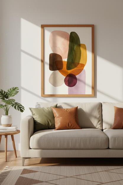 Abstract Geo Shapes Wall Art | Earth Tone Watercolor, Mid Century Modern Decor