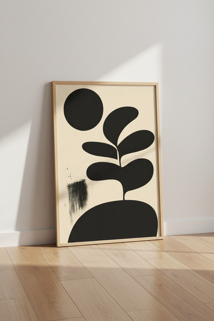 Minimalist Botanical Abstract | Black &amp; Beige Mid Century, Modern Living Room Decor