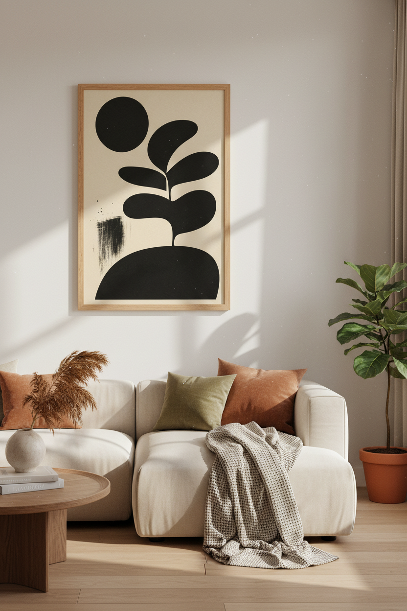 Minimalist Botanical Abstract | Black &amp; Beige Mid Century, Modern Living Room Decor