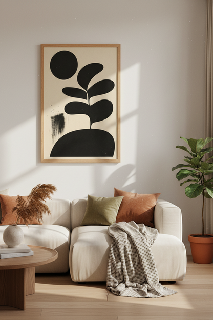 Minimalist Botanical Abstract | Black &amp; Beige Mid Century, Modern Living Room Decor