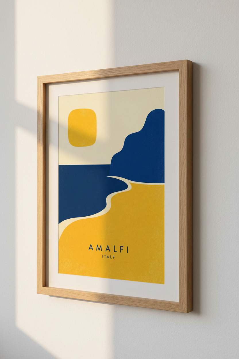 Amalfi Italy Wall Art | Minimalist Abstract Landscape, Navy &amp; Gold Living Room Decor